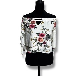Unbranded Chic White Cotton Blend Floral Off-Shoulder 3/4 Tie Sleeves Blouse